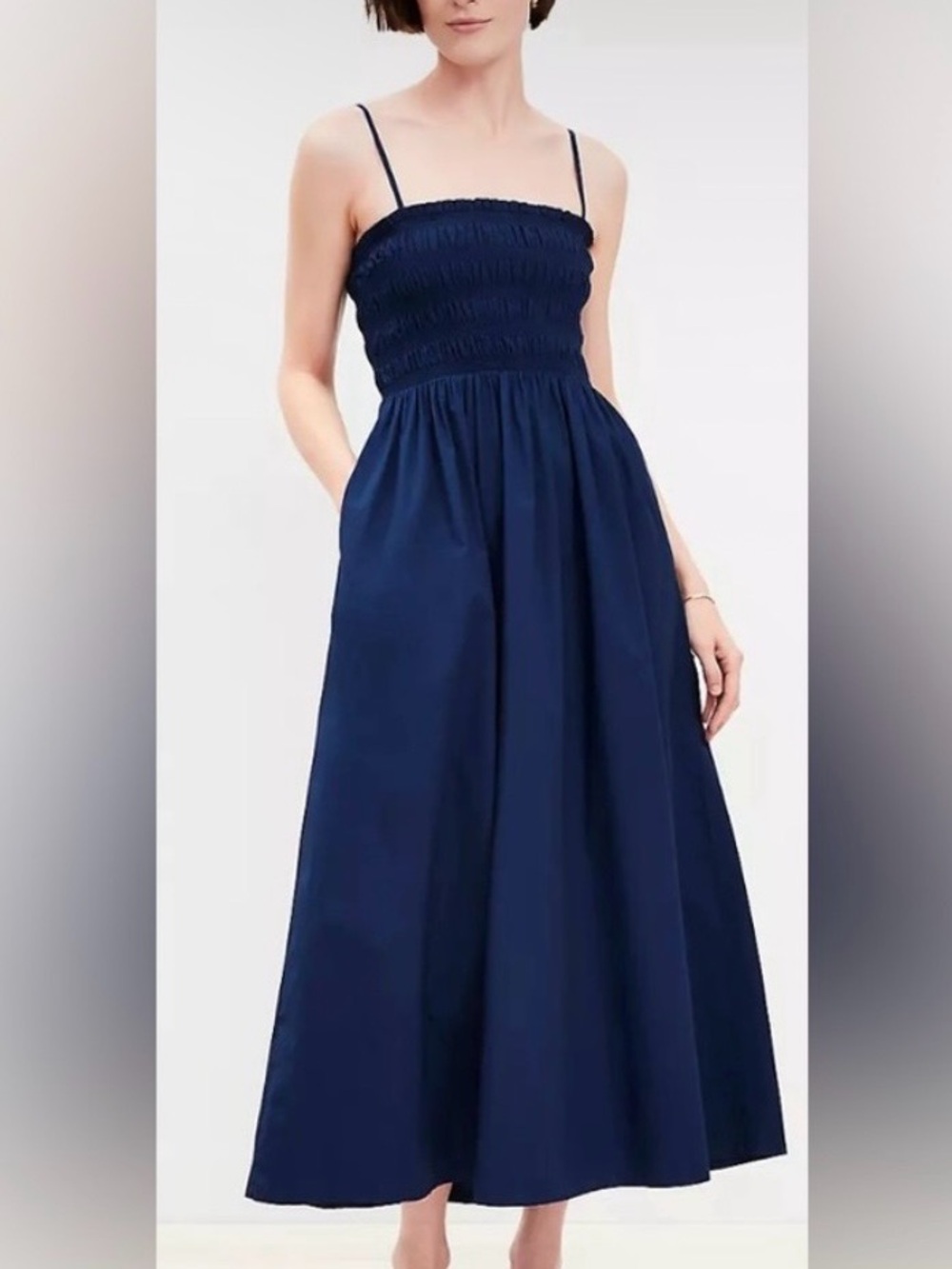 LOFT Navy Blue Poplin Smocked Midi Dress